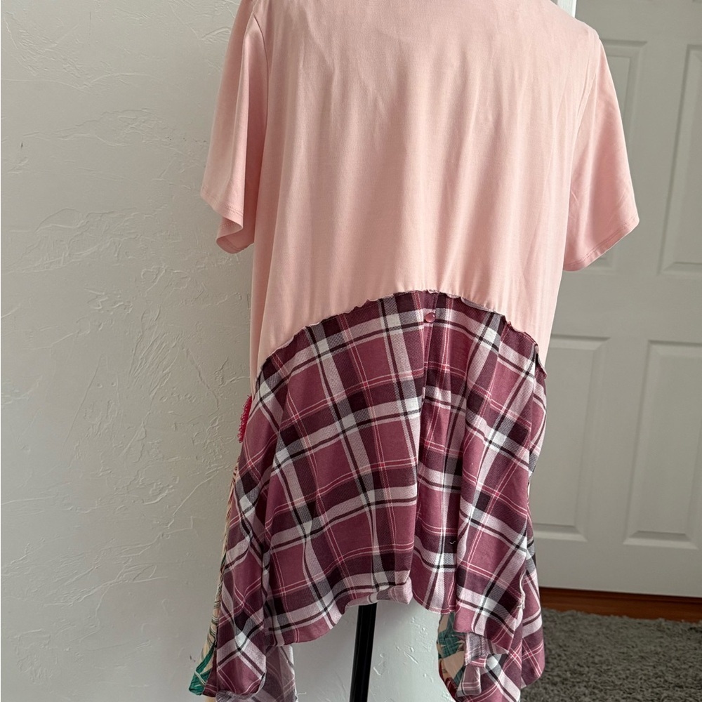 Upcycled Tunic Top Pink Plaid Knit Bottom Boho Mixed Media XL - Picture 3 of 12